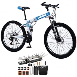 Tbagem-Yjr Bike Tbagem-Yjr 26in Folding Mountain Bike, 21-30 Speed MTB Spoke Wheel Mountain Bicycles With Disc Brakes Full Suspension Outdoor Bicycle Tool Accessories (Color : Blue, Speed : 27speed)