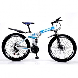 FJW Bike Unisex Dual Suspension Mountain Bike 21 / 24 / 27 / 30 Speed High-carbon Steel Frame 26 Inches Folding Bike with Double Disc Brake, Blue, 24Speed