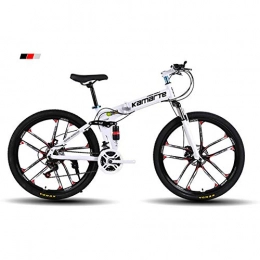 FJW Folding Mountain Bike Unisex Mountain Bike 21 / 24 / 27 Speed High-carbon Steel Frame 26 Inches 10-Spoke Wheels Dual Suspension Folding Bike with Disc Brakes, White, 24Speed
