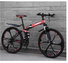 Unknow Bike unknow Mountain Bike Folding Bikes, 26Inch 24-Speed Double Disc Brake Full Suspension Anti-Slip, High Carbon Steel Frame, Suspension Fork, Adult Racing-(Six-Cutter Wheel)-Black Red