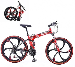 WJJH Bike WJJH Bicycle Folding Mountain Bikes, Shimano 24 Speed Gears Dual Disc Brakes Mountain Bicycle Carbon Steel Mountain Trail Bike Full Suspension, Red, 24in