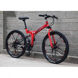 XER Bike XER Mountain Bike, 24 Speed Dual Suspension Folding Bike, with 24 Inch 10-Spoke Wheels and Double Disc Brake, for Men and Woman, Red, 27speed