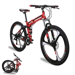EUROBIKE Folding Mountain Bike YH-G4 Folding Mountain Bike for Adults 26 Inch Wheels 21 Speed Full Suspension Dual Disc Brakes Foldable Frame Bicycle (3-Spoke Red)