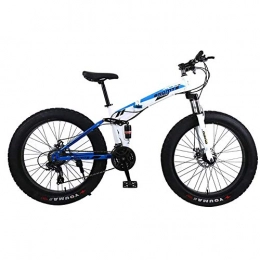 ZXYMUU Folding Mountain Bike ZXYMUU 24 Speed Mountain Bike, Foldable Fat Tire Beach Snow Bicycle with Double Disc Brake And Fork Rear Suspension, White blue, 26in