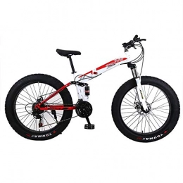 ZXYMUU Folding Mountain Bike ZXYMUU 24 Speed Mountain Bike, Foldable Fat Tire Beach Snow Bicycle with Double Disc Brake And Fork Rear Suspension, white red, 24in