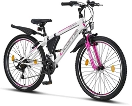 Licorne Bike Mountain Bike Licorne Guide Mountain Bike - 26 Inch - 21-Speed Gears, Fork Suspension - Children's Bicycle for Boys and Girls - Frame Bag, unisex_adult, white / pink