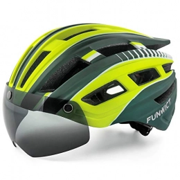 FUNWICT Bike Helmet with Detachable Magnetic Goggles for Adults Men Women Bicycle Helmet with LED Light Breathable Mountain Road Helmet Adjustable 57-61 CM (GreenYellow)