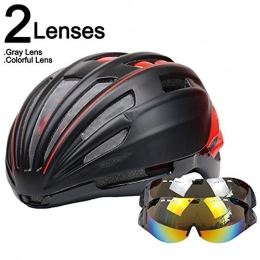 SGEB Clothing SGEB Goggles Cycling Helmet Road Mountain Bike Bicycle Helmet With Glasses Helmet Bike, Black Red 2 Lenses, (54-60cm)