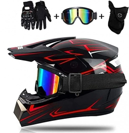 TKUI Clothing TKUI Motocross Helmet with Goggles Gloves Mask, Reddish Black Full Face MTB Helmet Kids Cross Helmet, Unisex Enduro Downhill BMX Off Road Bike, D.O.T Certified (M)