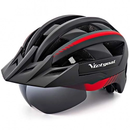 VICTGOAL Mountain Bike Helmet Victgoal Bike Helmet for Men Women with Led Light Detachable Magnetic Goggles Removable Sun Visor Mountain & Road Bicycle Helmets Adjustable Size Adult Cycling Helmets (Black Red)