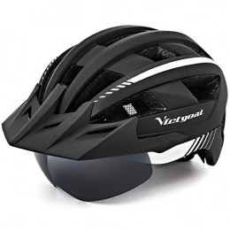 VICTGOAL Mountain Bike Helmet Victgoal Bike Helmet MTB Mountain Bike Helmet with Removable Magnetic Goggles Detachable Sun Visor and LED Rear Light Road Bicycle Helmet for Adult Men Women (Black White)