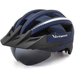VICTGOAL Clothing Victgoal Bike Helmet MTB Mountain Bike Helmet with Removable Magnetic Goggles Detachable Sun Visor and LED Rear Light Road Bicycle Helmet for Adult Men Women (Navy Blue)