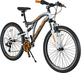 KRON ARES 4.0 Fully Mountainbike 27.5 Zoll | 21 Gang Shimano Kettenschaltung mit V-Bremse | 16.5 Zoll Rahmen Vollgefedert MTB Erwachsenen- und Jugendfahrrad | Grau & Orange