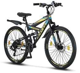 Licorne Bike Fahrräder Licorne Bike Strong D Premium Mountainbike in 26 Zoll - Fahrrad für Jungen, Mädchen, Damen und Herren - Scheibenbremse vorne und hinten-Shimano 21 Gang-Schaltung-Vollfederung-Schwarz / Blau / Lime