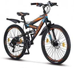 Licorne Bike Fahrräder Licorne Bike Strong D Premium Mountainbike in 26 Zoll - Fahrrad für Jungen, Mädchen, Damen und Herren - Scheibenbremse vorne und hinten-Shimano 21 Gang-Schaltung-Vollfederung-Schwarz / Blau / Orange