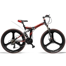 LANKELEISI Fahrräder LANKELEISI K660 26-Zoll-Faltrad, 21-Gang-Mountainbike, vordere und hintere Scheibenbremse, integriertes Rad, Vollfederung (Black Red)