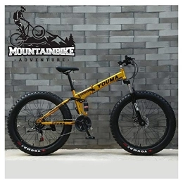 YWARX Fahrräder NENGGE Faltbare Vollfederung Mountainbike für Herren & Damen, Jungen Mädchen MTB mit Scheibenbremsen, Erwachsenen Fette Reifen Fette Reifen, Rahmen aus Kohlenstoffstahl, Gold, 24 Inch 7 Speed