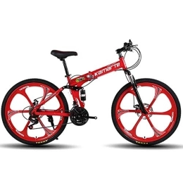 WEHOLY Fahrräder WEHOLY Fahrrad-Unisex-Mountainbike, 27-Gang-Faltrad mit Doppelfederung, 24-Zoll-6-Speichen-Rädern und Doppelscheibenbremse, für Männer und Frauen, rot, 21-Fach