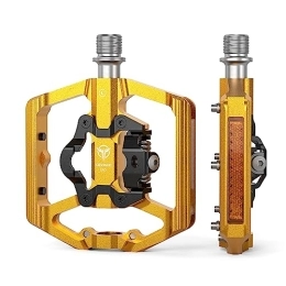 GEWAGE Spares GEWAGE Bicycle Pedals, Flat Double Function and SPD Pedal with Reflectors, Flat Platform with 3 Bearings, 9 / 16 Inch Aluminium Click Pedals with Cleats for Road Bike, MTB (Orange Yellow)