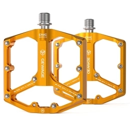 GEWAGE Spares Road / Mountain Bike Pedals - 3 Bearings Bicycle Pedals - 9 / 16” CNC Machined Flat Pedals with Removable Anti-Skid Nails (Gold)