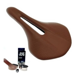 SLIMPC Mountain Bike Seat Brown Leather Bicycle Saddle Hollow Breathable Light Weight Racing Bicycle Bike Seat Cushion Road Mountain Bike Parts 192g (Color : Brown with tape)