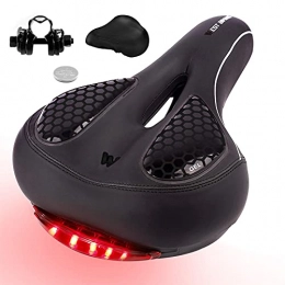 GCBTECH Bike Seat Gel Cushion with Tail Light, Comfortable Soft cycle Seat with Dual Shock Absorbing Ball Bicycle Wide Saddle with Warning Light for Road MTB Mountain/Exercise/Spinning Bike, Black