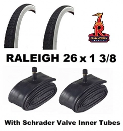 Roaduserdirect Cycle Packs 2 x RALEIGH 26x1 3/8 White Wall Tyres & 2 x DURA Inner Tubes - Schrader Valves