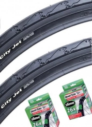 Schwalbe Mountain Bike Tyres Schwalbe City Jet 26" Mountain Bike Slick Cycling Commuting Tyre 26" x 1.95" & Presta valve Slime Tube Deal x 2 (Pair of tyres and tubes)