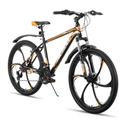 Hiland vélo Hiland VTT 26 pouces avec cadre en aluminium 17 pouces - Frein à disque - Fourche à suspension - 6 rayons - Vélo pour adolescent - Homme et femme - Noir et orange