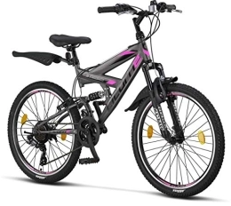 Licorne Bike Vélo de montagnes Licorne Bike Vélo VTT 26" Premium - Vélo pour garçons, filles, femmes et hommes - Dérailleur Shimano 21 vitesses - Suspension complète - Vélo robuste, Garçon, Anthracite / rose., 24 pouces