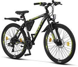 Licorne Bike Vélo de montagnes Licorne Bike Vélo VTT haut de gamme, pour filles, garçons, hommes et femmes, avec dérailleur Shimano à 21 vitesses, Garçon, noir / citron vert (2 freins à disque)., 26 pouces