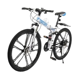 Soberoses Vélos de montagne pliant VTT de 26 ", vélo pliant à 21 vitesses, freins à disque, vélo tout suspendu avec double cadre d'absorption des chocs pour adultes, hommes et femmes (bleu et blanc)