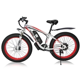 AKEZ Vélos de montagne électriques Fat Tire Vélo électrique pour adultes et hommes - 26" - Batterie amovible - Étanche - 48 V 13 A - Shimano - 21 vitesses - Double frein à disque - Blanc et rouge